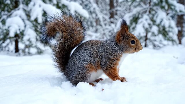 Gray and Orange Squirrel on Snow in Forest - A gray and orange squirrel with a large, fluffy tail stands on a snowy ground in a winter forest.