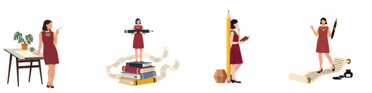 Set of conceptual illustrations showing a female writer or author engaged in various creative writing processes with giant pencils, books, and scrolls.