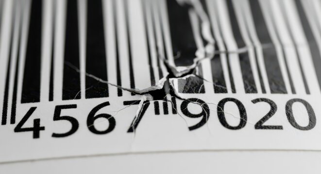Close-up of a cracked and damaged barcode, illustrating a breakdown in product identification and retail systems.