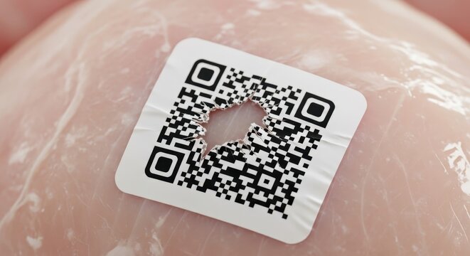 Close-up of a damaged QR code with a hole in the center on a textured surface