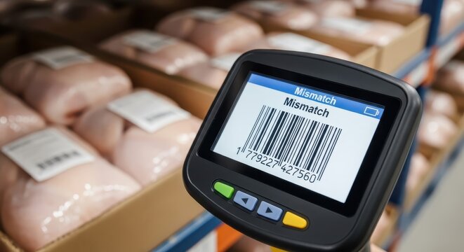 Close-up of a handheld barcode scanner displaying a mismatch error on its screen over rows of retail products.