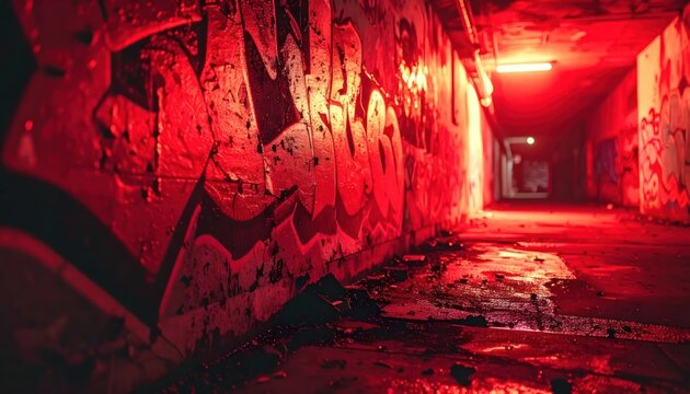 Gritty Urban Underpass with Red Neon Light and Graffiti Art, Moody Atmosphere