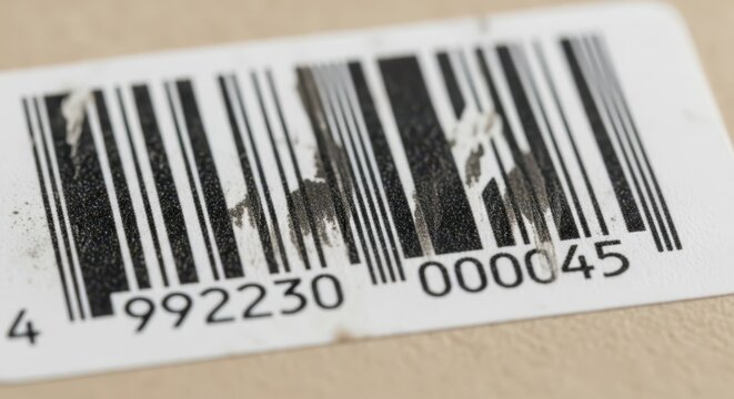 Close-up of a smudged barcode with visible numbers, showcasing product identification in retail.
