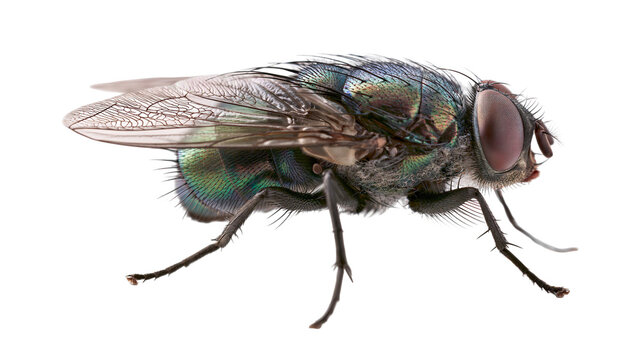 Detailed macro view of a metallic green fly with iridescent wings