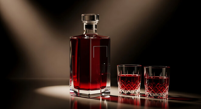Crystal decanter and two glasses of dark red alcohol
