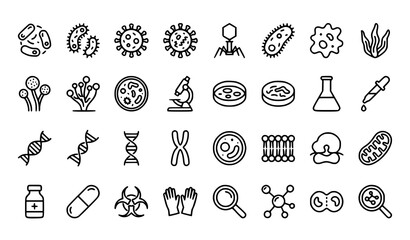 Obraz premium Scientific Microorganism Line Icons with Laboratory Biology and Medical Research Editable Stroke Vector Illustration