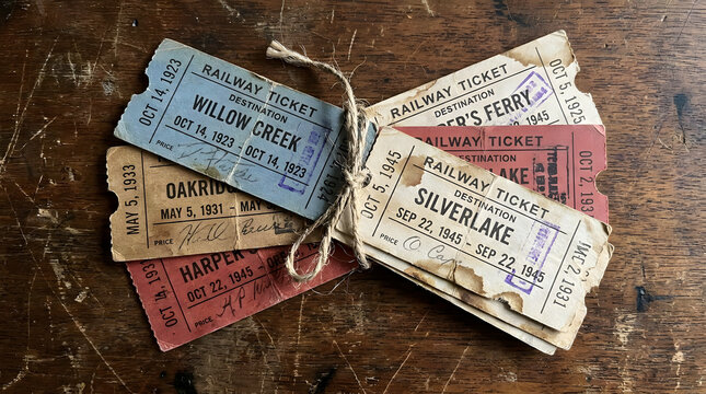 Bundle of vintage railway tickets tied with twine on wood