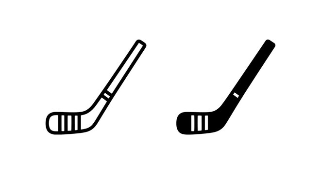 Hockey stick icon set in flat black and outline style with equipment