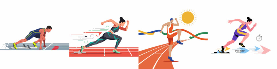Fototapeta premium Set of diverse vector illustrations showing male and female athletes at various stages of a track and field race, from start to finish.