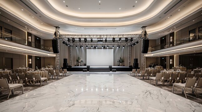 Elegant Ballroom with Stage and Seating Ready for Event.