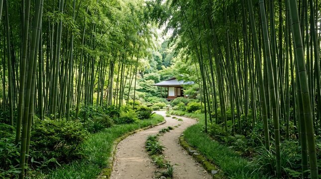 Traditional Japanese house in a lush bamboo forest