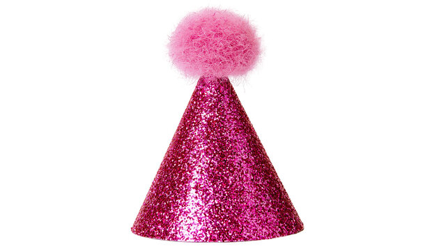 Sparkling pink party hat with fluffy pom pom