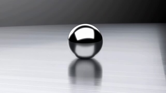 Polished chrome sphere centered on brushed metal surface with bright rectangular highlight and softened mirrored reflection, monochrome studio composition with calm luxury feel