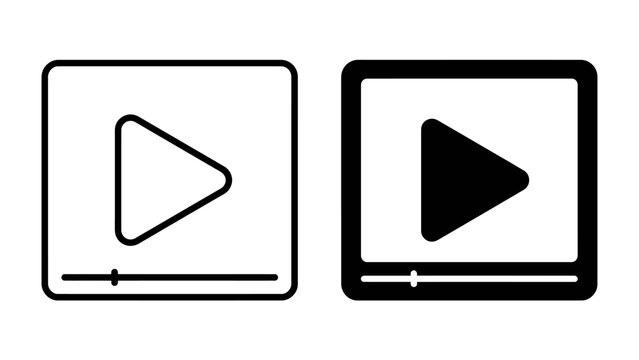 Play Button Icons: Two simple, clean icons representing a play button on a screen interface, one outlined and one filled black, signifying media playback and digital content.
