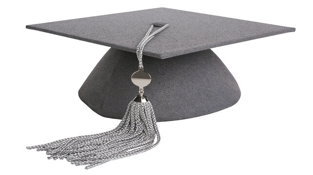 Gray graduation cap with silver tassel and medallion