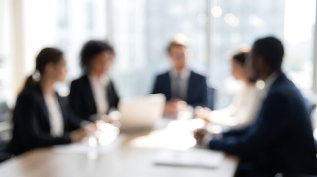 Blurred group of diverse business professionals having collaborative meeting in modern sunlit office boardroom for corporate discussion and strategic planning