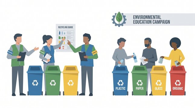 Volunteers Teaching People Waste Sorting Segregation into Recycling Bins Environmental Education Campaign Flat Vector Illustration