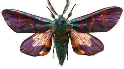 Green fuzzy moth with purple and orange wings © Ari