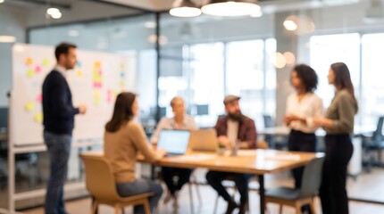 Fototapeta premium Blurred business team brainstorming project ideas in modern office with whiteboard and colorful sticky notes during creative strategy meeting session for startup company growth development
