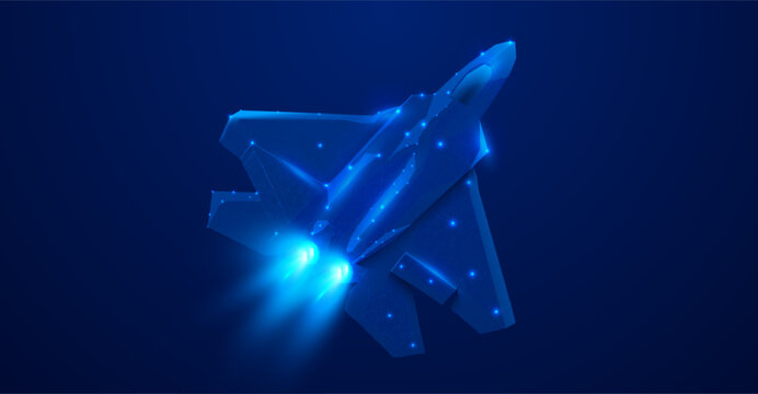 Glowing low poly fighter jet built from neon polygonal lines and luminous nodes, flying over a dark blue background. Futuristic vector technology concept with twin engine trails.