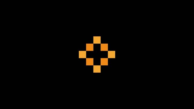 Dynamic pixel flash animation with glowing burst changing shape on black background. Retro arcade style visual effect for games, motion graphics, UI, VJ loops, intros, overlays and digital projects.