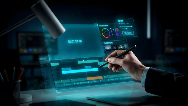 A professional video editor working on a transparent digital display screen