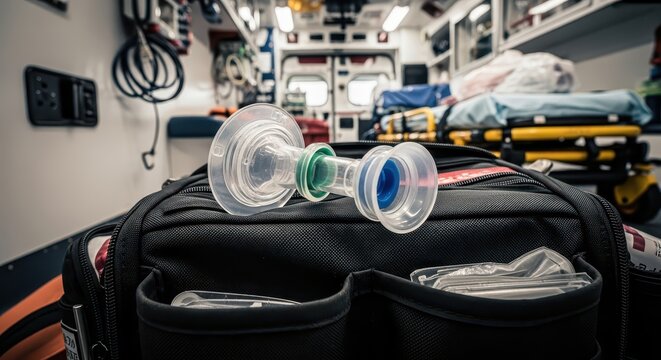 Close-up of an Ambu bag valve mask in an ambulance, with medical equipment and stretcher blurred in the background, symbolizing emergency medical serv