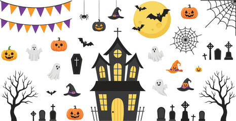 Obraz premium Halloween haunted house pumpkins ghosts bats witches hats spiders and graves