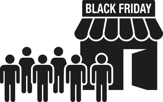 A black and white vector icon showing a crowd of people waiting in a long line outside a retail store shop