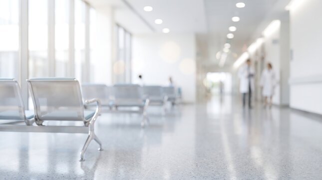Bright modern hospital waiting area with empty chairs and blurred medical professionals walking in background representing healthcare facility cleanliness and patient care services