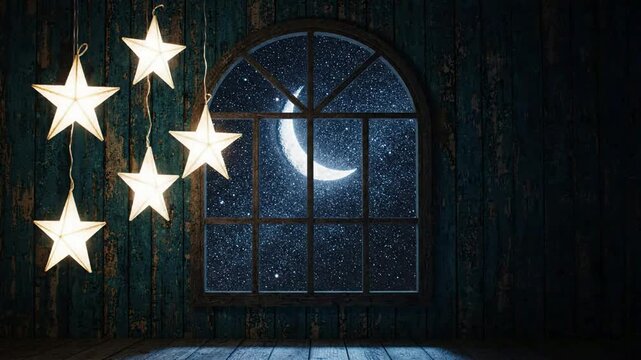 Magical night background, with glowing hanging, star lights and, crescent moon window, view for christmas, and holiday atmosphere