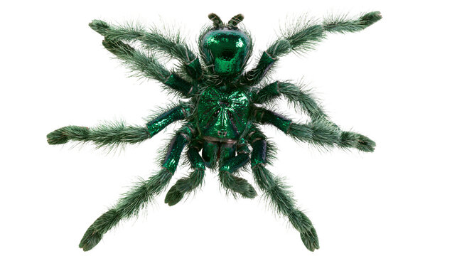 Emerald green tarantula spider with hairy legs