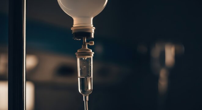 Close-up of an intravenous drip bag and fluid flowing, symbolizing medical treatment and care in a hospital setting