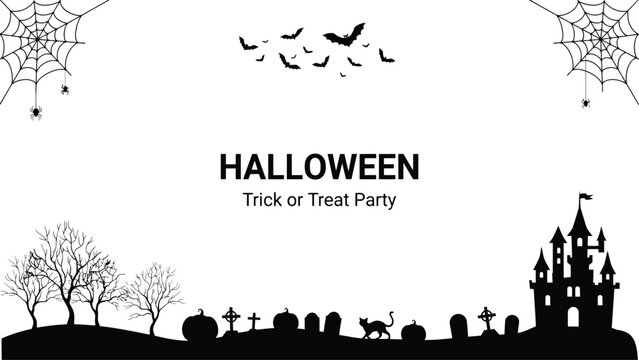 Halloween trick or treat party scene with bats spiders castle and graveyard