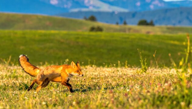 Red Fox Trotting Through a Grassy Meadow with Rolling Hills in Background.