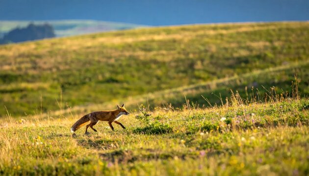 Red Fox Trotting Through a Sunlit Grassy Meadow at Dawn.