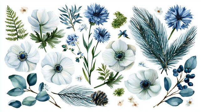 Watercolor Botanical Clipart Set Featuring White Anemone Flowers Blue Cornflowers Pine Branches Eucalyptus Leaves and Pinecones Isolated on White Background for Elegant Wedding Stationery Designs