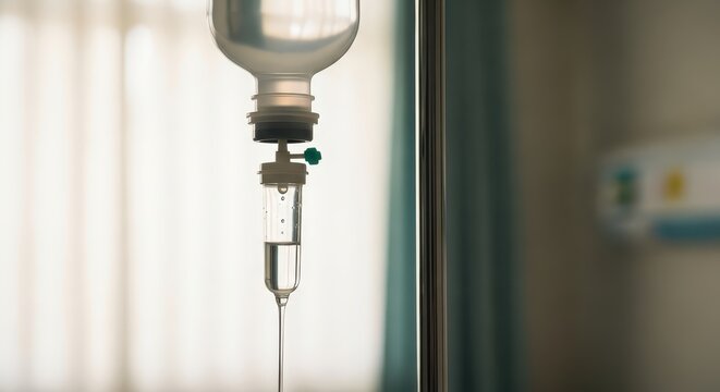 Close-up of an IV drip bag and tube in a hospital room, with a blurred background of medical equipment