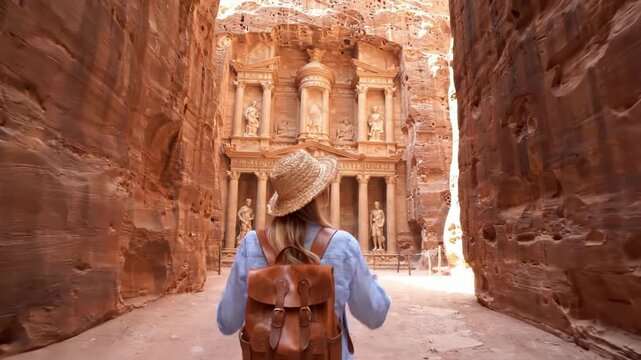 Woman traveler exploring the treasury at petra jordan, ancient archaeological site adventure, middle east travel destination, historical landmark discovery