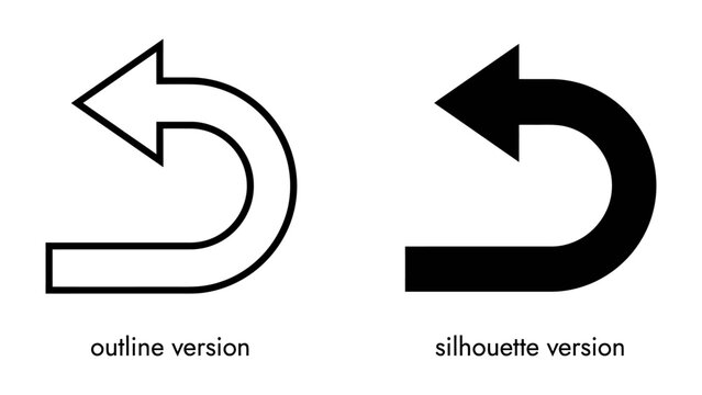 Undo Arrow Icon Set: A clear graphic representation of undo actions, featuring both an outline and a filled silhouette of a curved arrow, indicating a return or reversal.