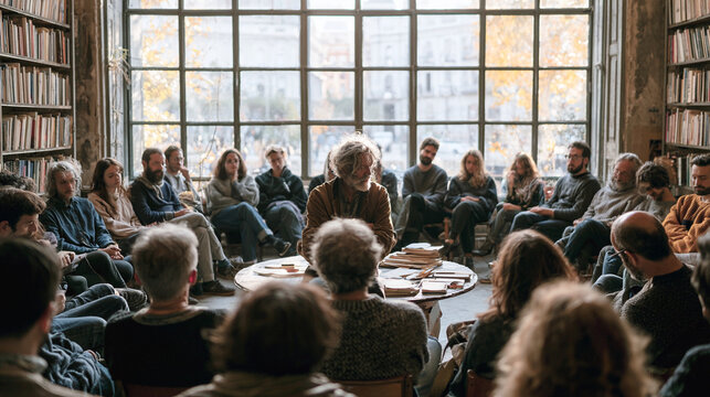 Grupo de personas diversas en reuni&oacute;n de club de lectura dentro de una librer&iacute;a acogedora con grandes ventanales y luz natural
