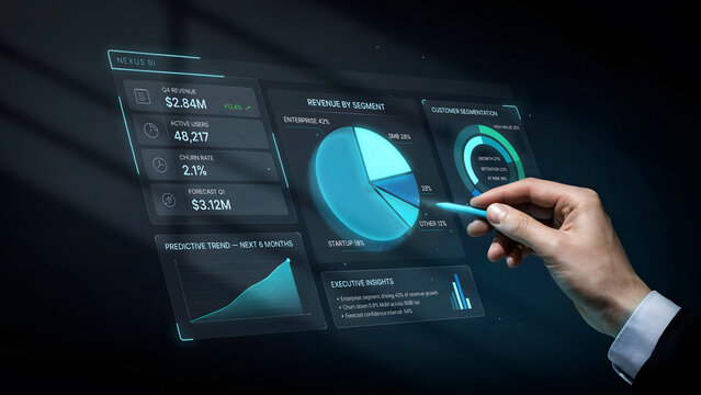 A business professional interacts with a digital data analytics dashboard