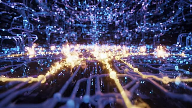 Data Flow Network Analysis - Abstract visualization of data flow through a complex interconnected network of glowing pathways.