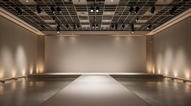 Empty modern fashion runway stage with spotlights and grid ceiling.