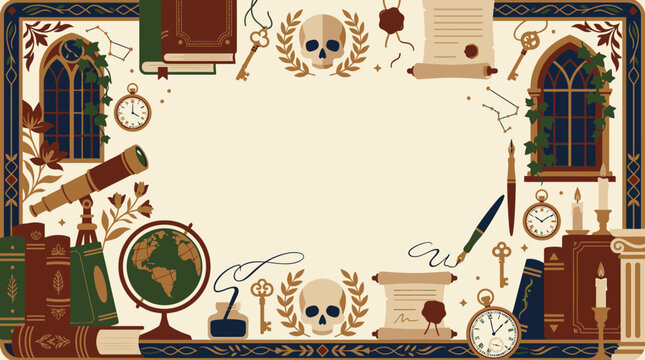 Vintage alchemy and science border with skulls and books.