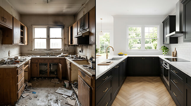 Comparison of Old Deteriorated Kitchen versus Modern Renovated Kitchen Interior