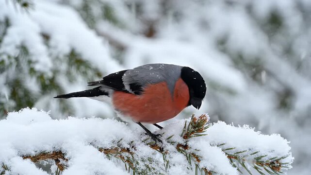 Bullfinch Bird Perched on Snow Covered Pine Branch in Winter - A beautiful bullfinch with striking red plumage is perched on a snow-covered pine branch during winter.