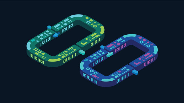 Cybersecurity blockchain digital data rings with binary code isometric vector illustration for fintech and network security branding
