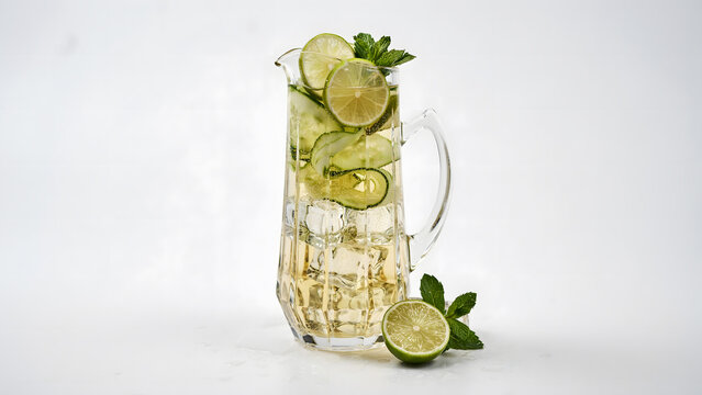 A glass pitcher filled with refreshing lime lemonade and mint leaves