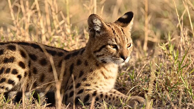 Beautiful Wild Serval Cat Resting Alert in Dry Grass - A beautiful wild serval cat with striking spotted fur rests in dry, golden grass.